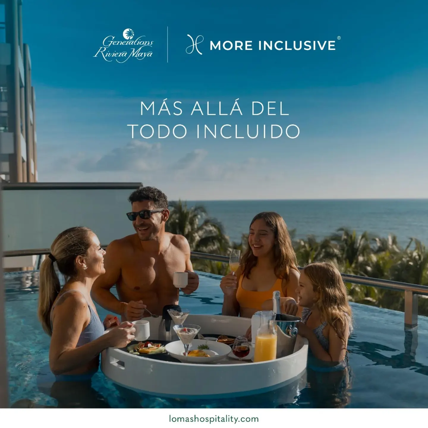Family dining on a floating tray in a pool at Generations Riviera Maya.