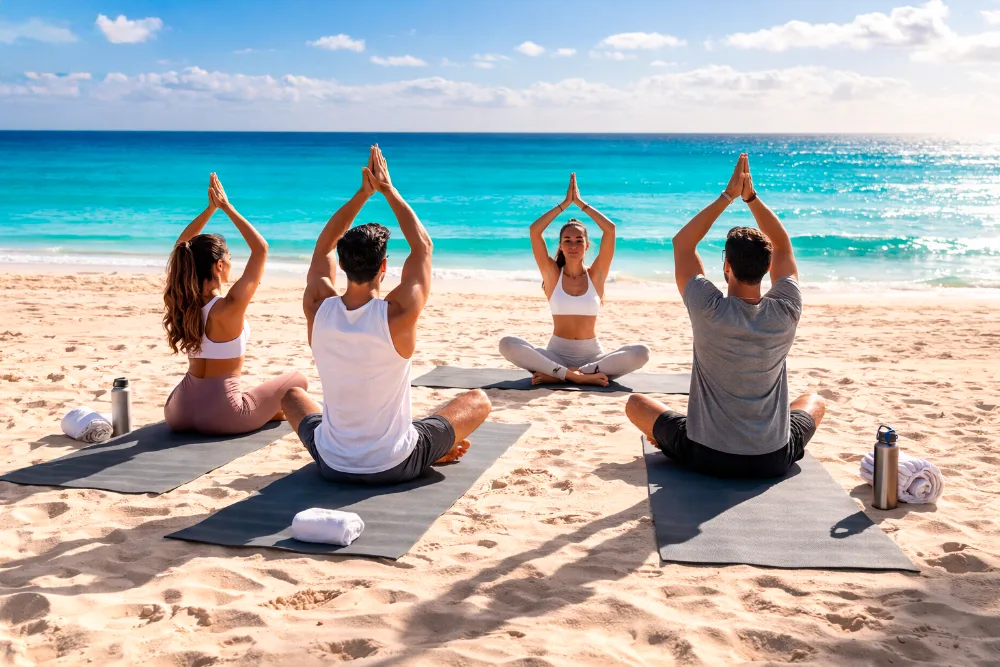 Beach yoga class on mats beside the turquoise sea at GR Solaris Caribe.