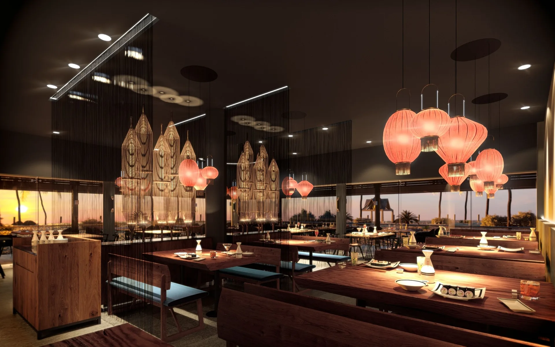 Japanese-style dining room with lanterns and sunset windows at Grand Bavaro Princess.
