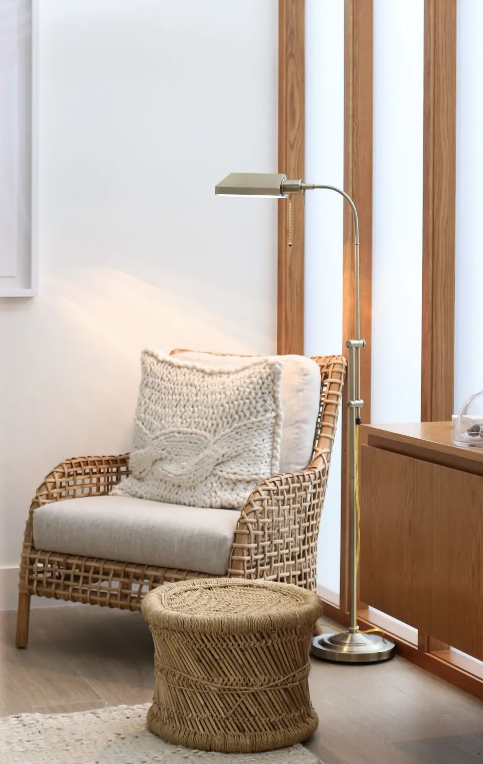 Woven lounge chair and floor lamp detail at Grand Cayman Marriott Resort.