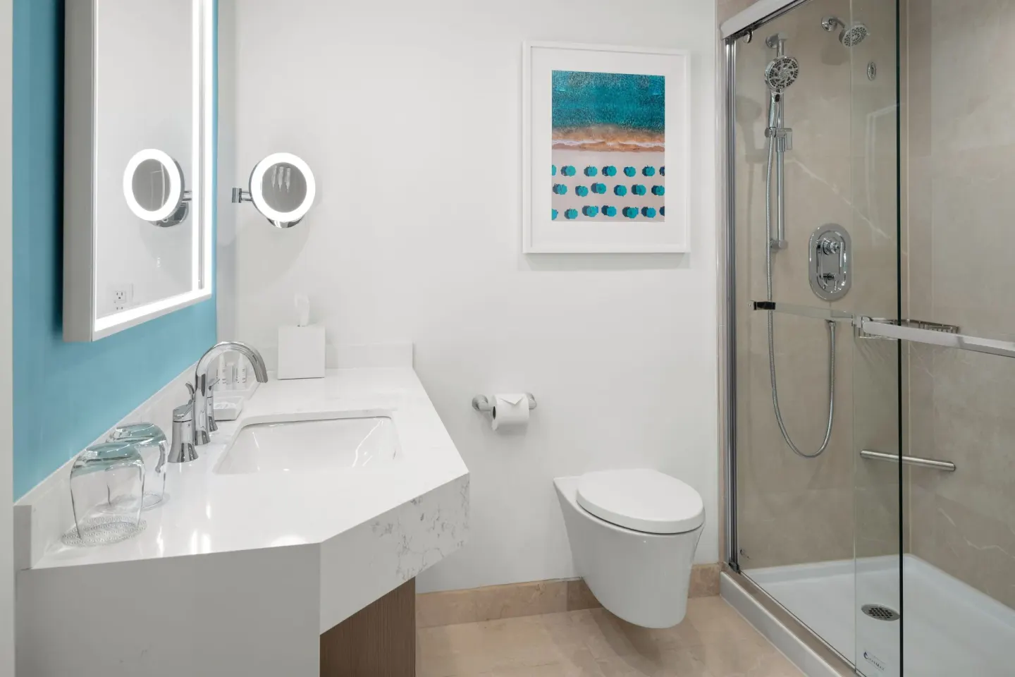 Junior suite bathroom with glass shower at Grand Cayman Marriott Resort.