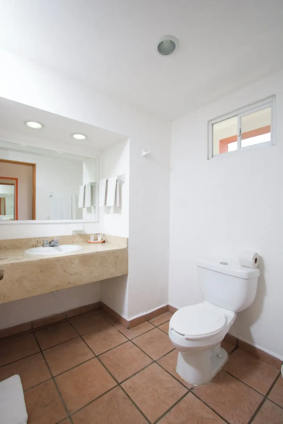 Standard Room bathroom with vanity and toilet at Grand Decameron Complex Bucerias.