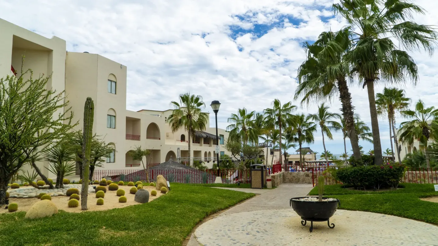 Landscaped walkway with palms and resort buildings at Grand Decameron Los Cabos.