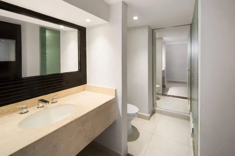 Standard Room bathroom sink and mirror at Grand Decameron Los Cabos.