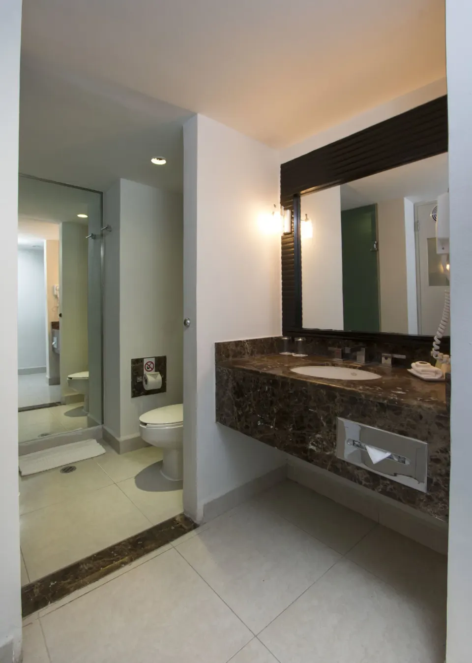 Standard Room bathroom vanity and shower area at Grand Decameron Los Cabos.