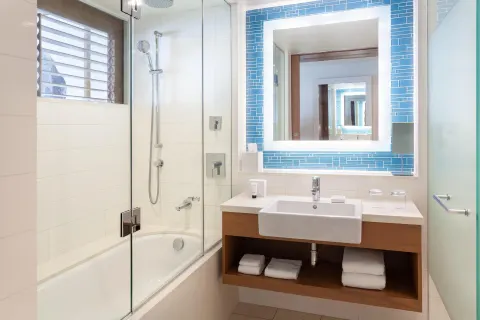 Grand Room bathroom with tub, glass shower panel, and vanity at Grand Hyatt Baha Mar.
