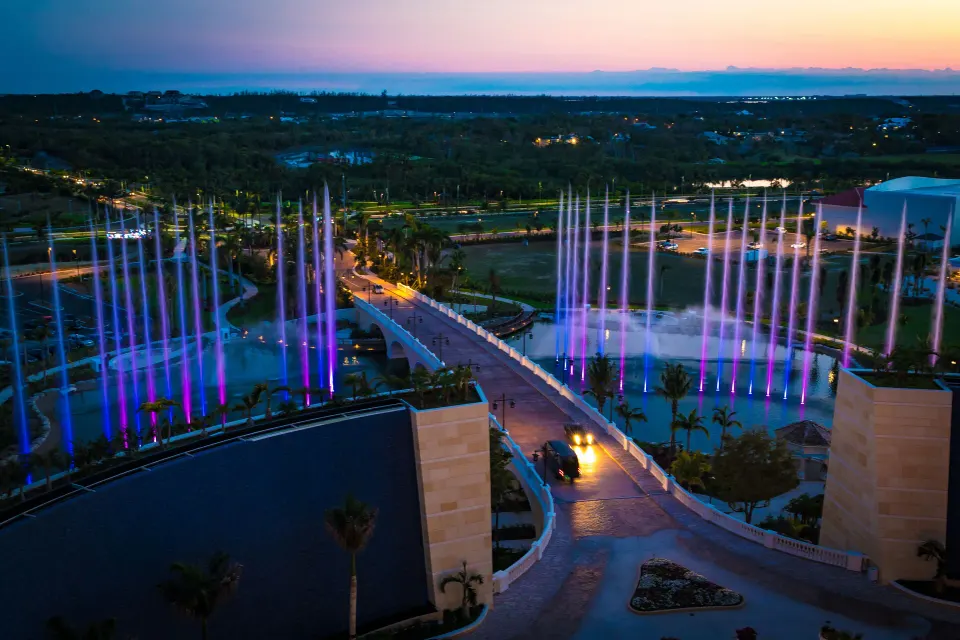 Evening fountain view with colored water jets from Grand Hyatt Baha Mar.