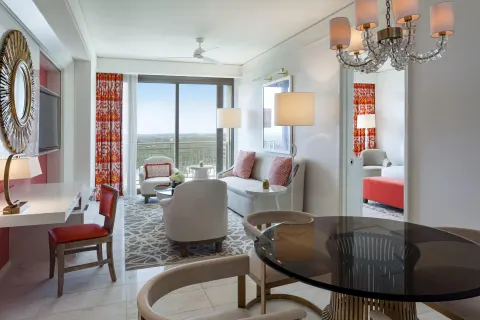 One-bedroom residence living area and king bedroom at Grand Hyatt Baha Mar.