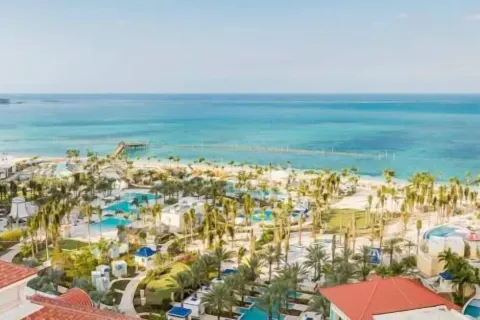 Ocean and resort grounds view from a room balcony at Grand Hyatt Baha Mar.