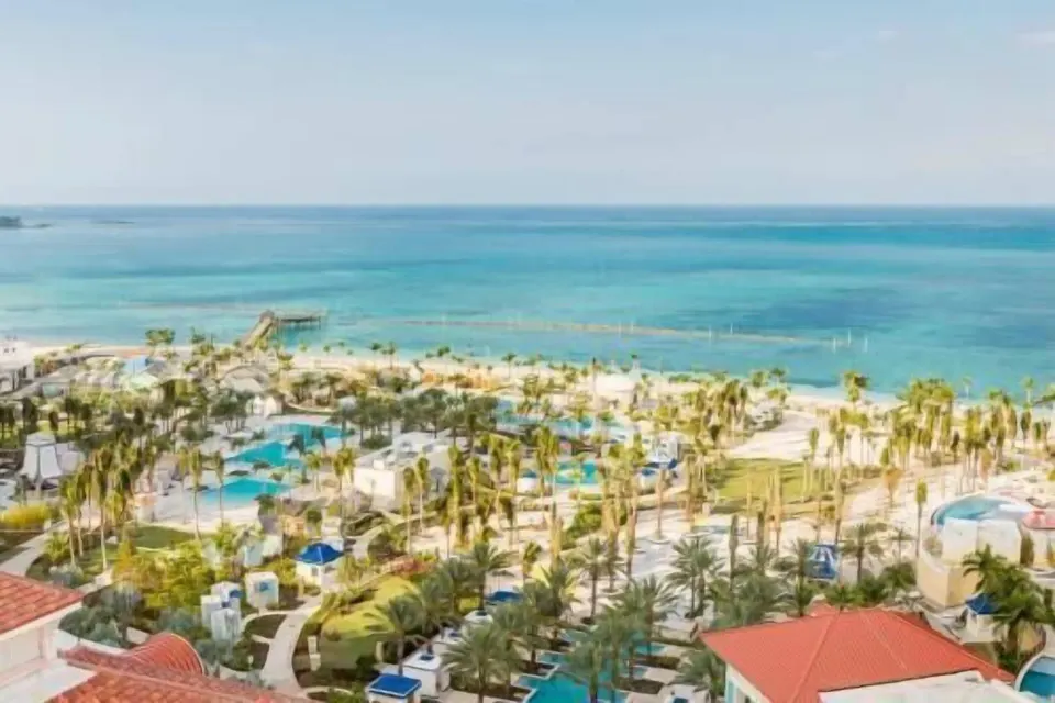 Ocean and resort grounds view from a room balcony at Grand Hyatt Baha Mar.