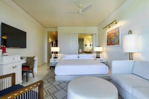 Fountain View Reserve king room with sofa seating at Grand Hyatt Baha Mar.
