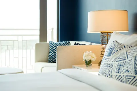 Ocean View room bedside lamp and sofa detail at Grand Hyatt Baha Mar.
