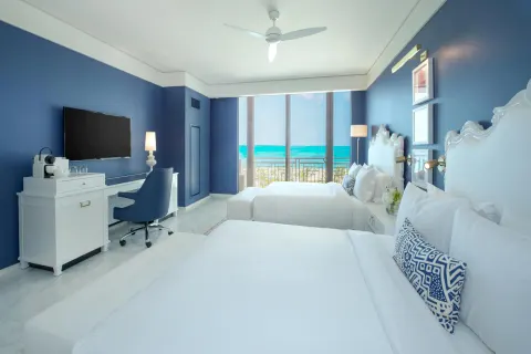 Ocean View double room with two beds and turquoise water at Grand Hyatt Baha Mar.