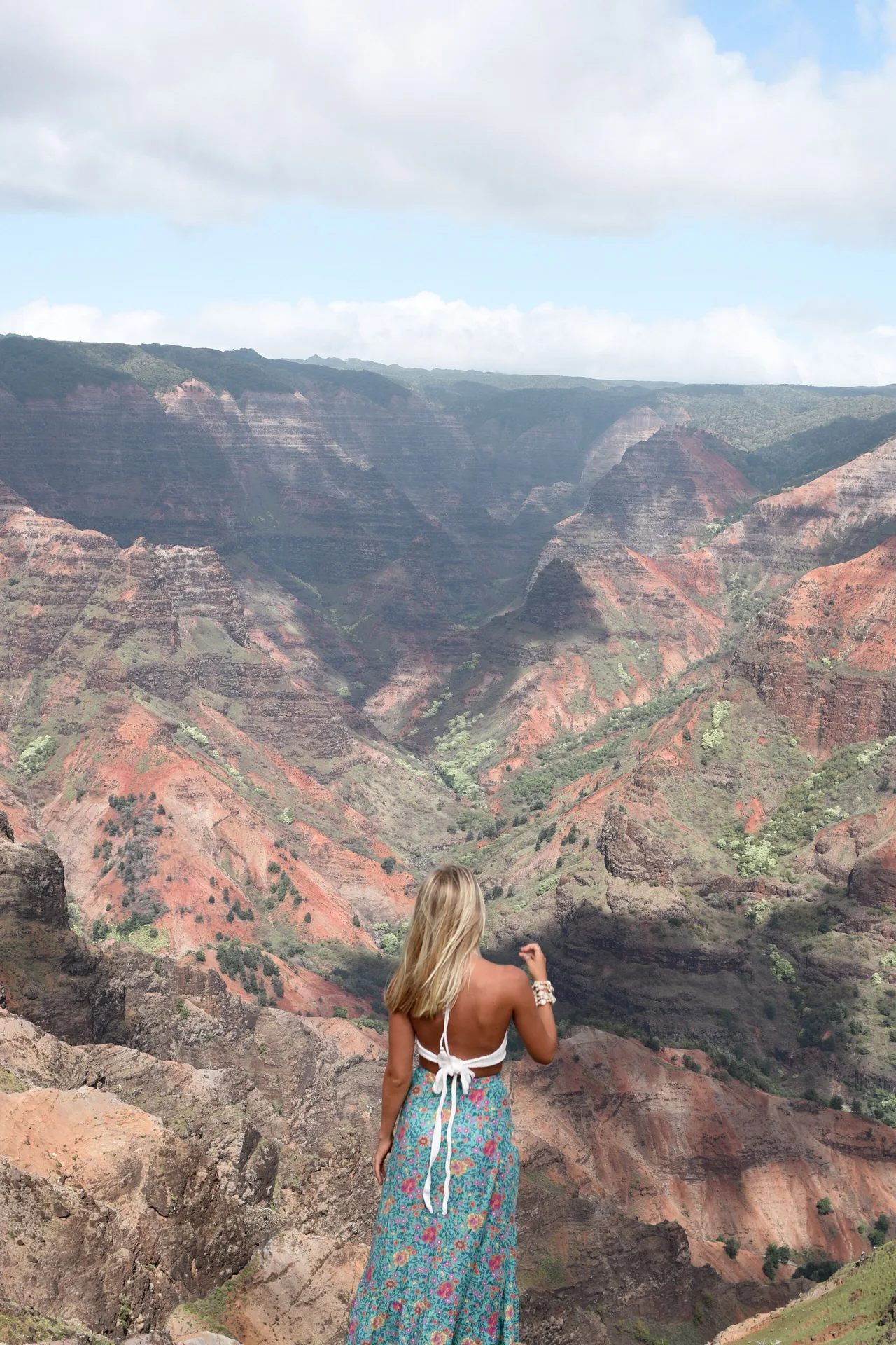 Person overlooking a red and green canyon on Kauai near Grand Hyatt Kauai Resort and Spa and Spa.