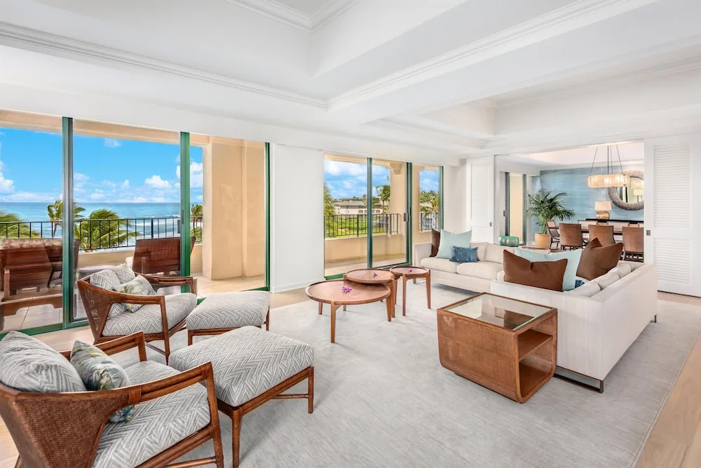 Large suite living room with ocean-view balconies at Grand Hyatt Kauai Resort and Spa and Spa.