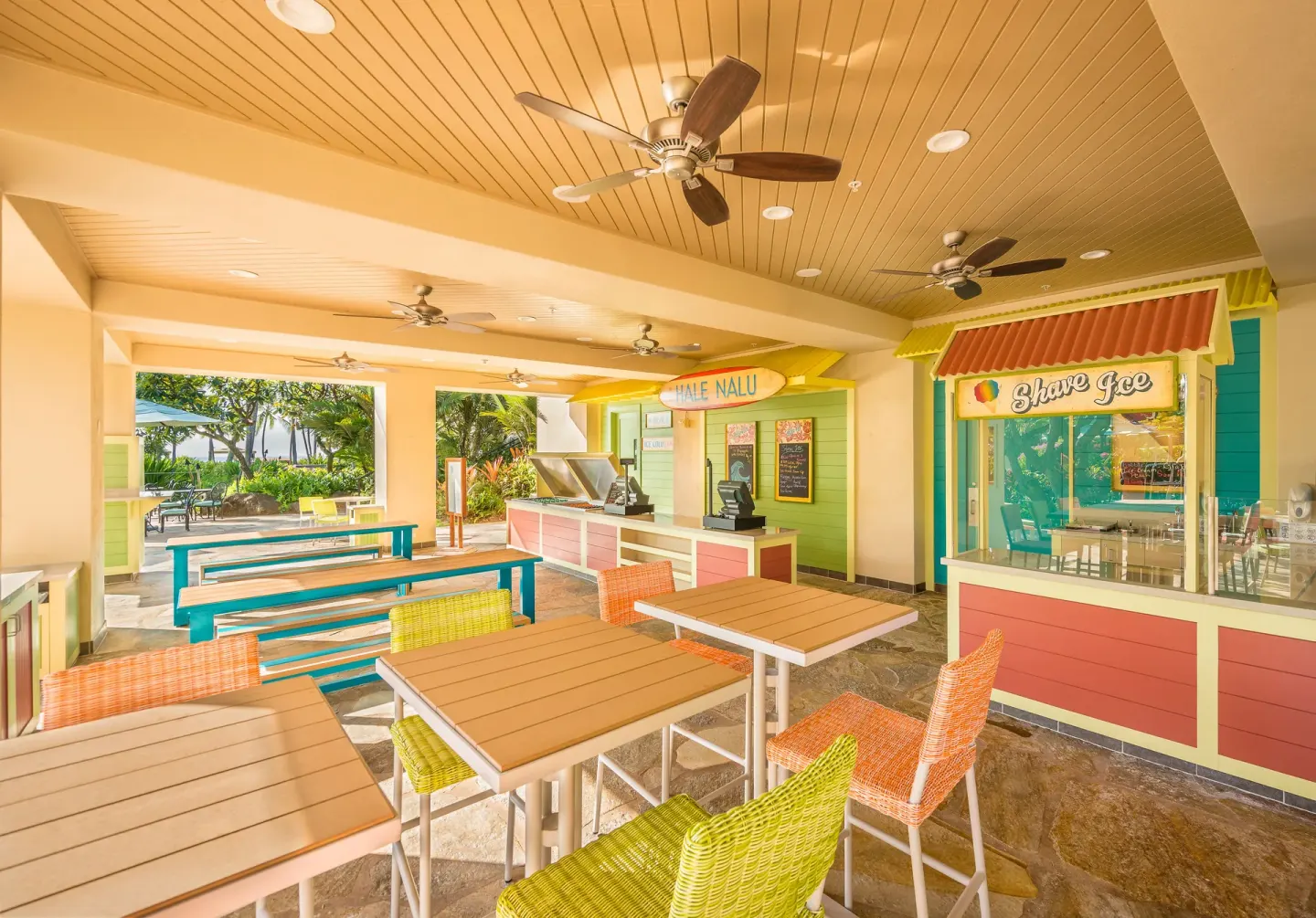 Hale Nalu surf-shack dining area at Grand Hyatt Kauai Resort and Spa and Spa.