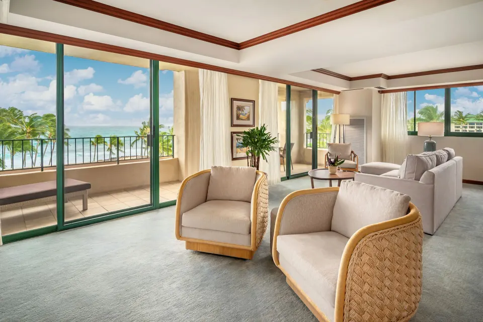 Grand Suite living room with oceanfront balcony at Grand Hyatt Kauai Resort and Spa and Spa.