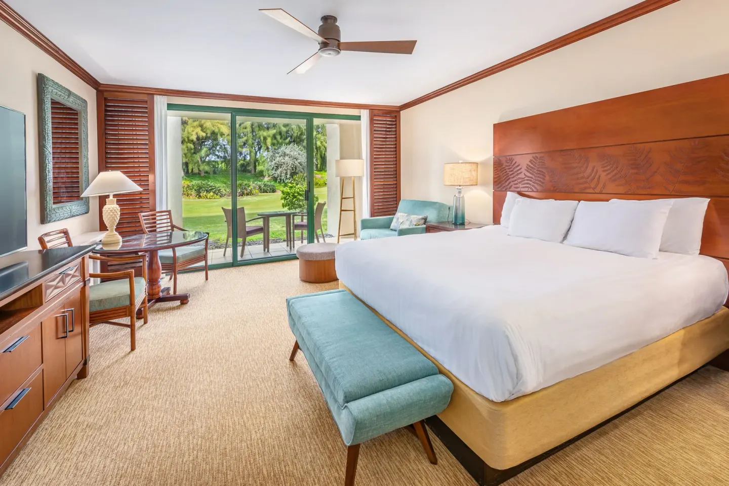 Garden View king room with patio at Grand Hyatt Kauai Resort and Spa and Spa.