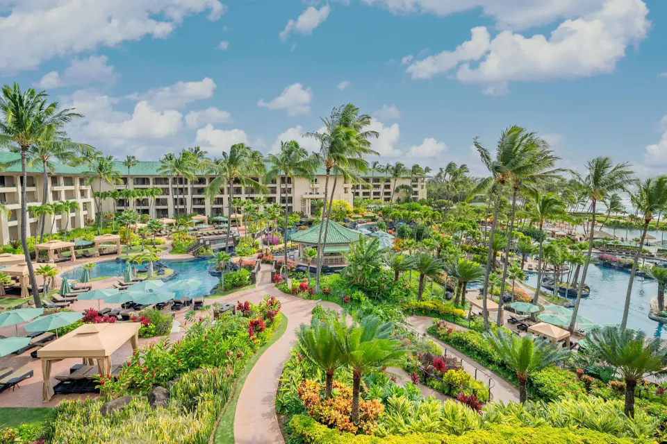 Elevated Resort View room outlook over gardens and pools at Grand Hyatt Kauai Resort and Spa and Spa.