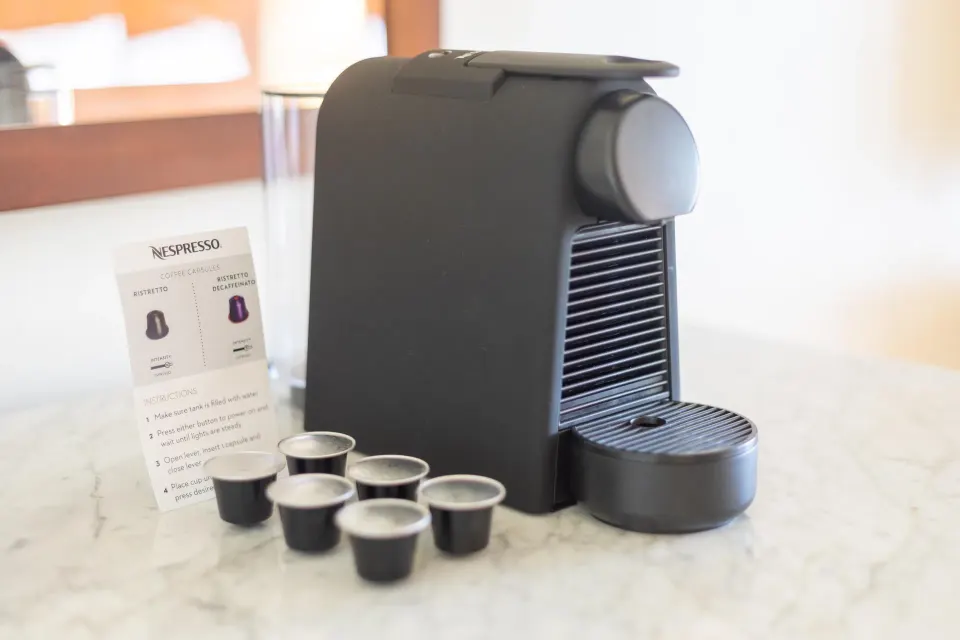 In-room espresso machine and capsules in a Grand Hyatt Kauai Resort and Spa and Spa guest room.