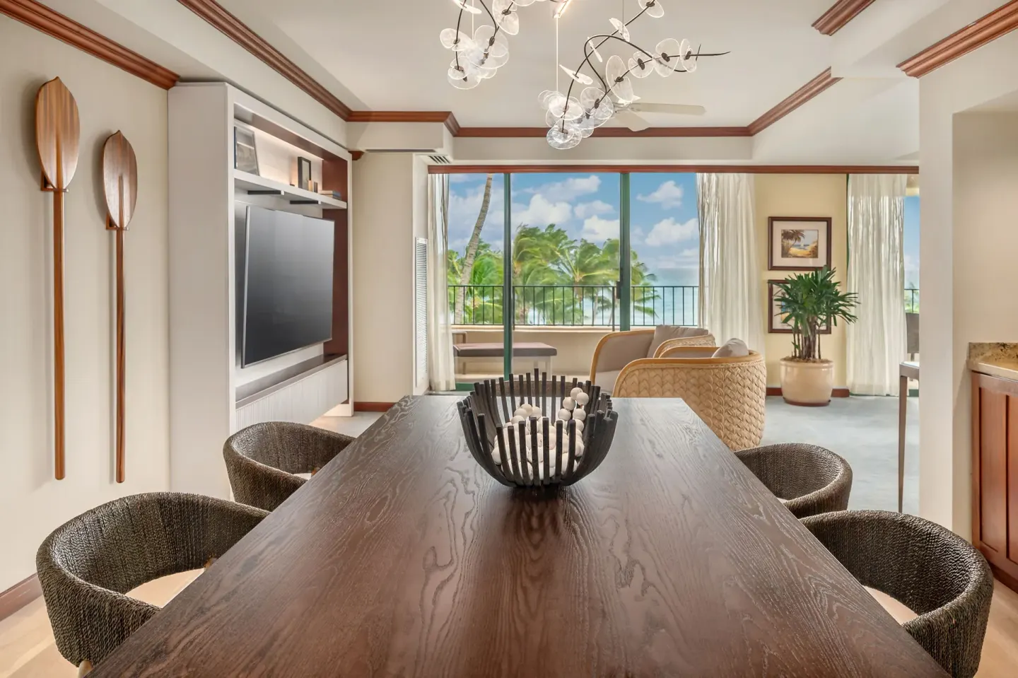 Royal Suite dining table and living room with ocean view at Grand Hyatt Kauai Resort and Spa and Spa.