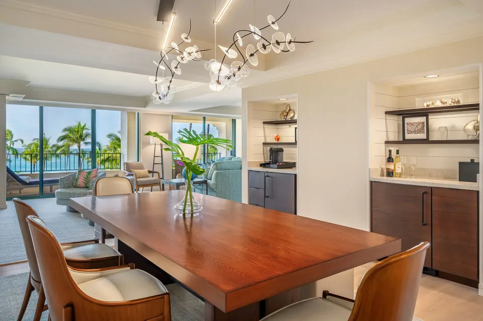 Royal Suite dining area with wet bar and oceanfront lounge at Grand Hyatt Kauai Resort and Spa and Spa.
