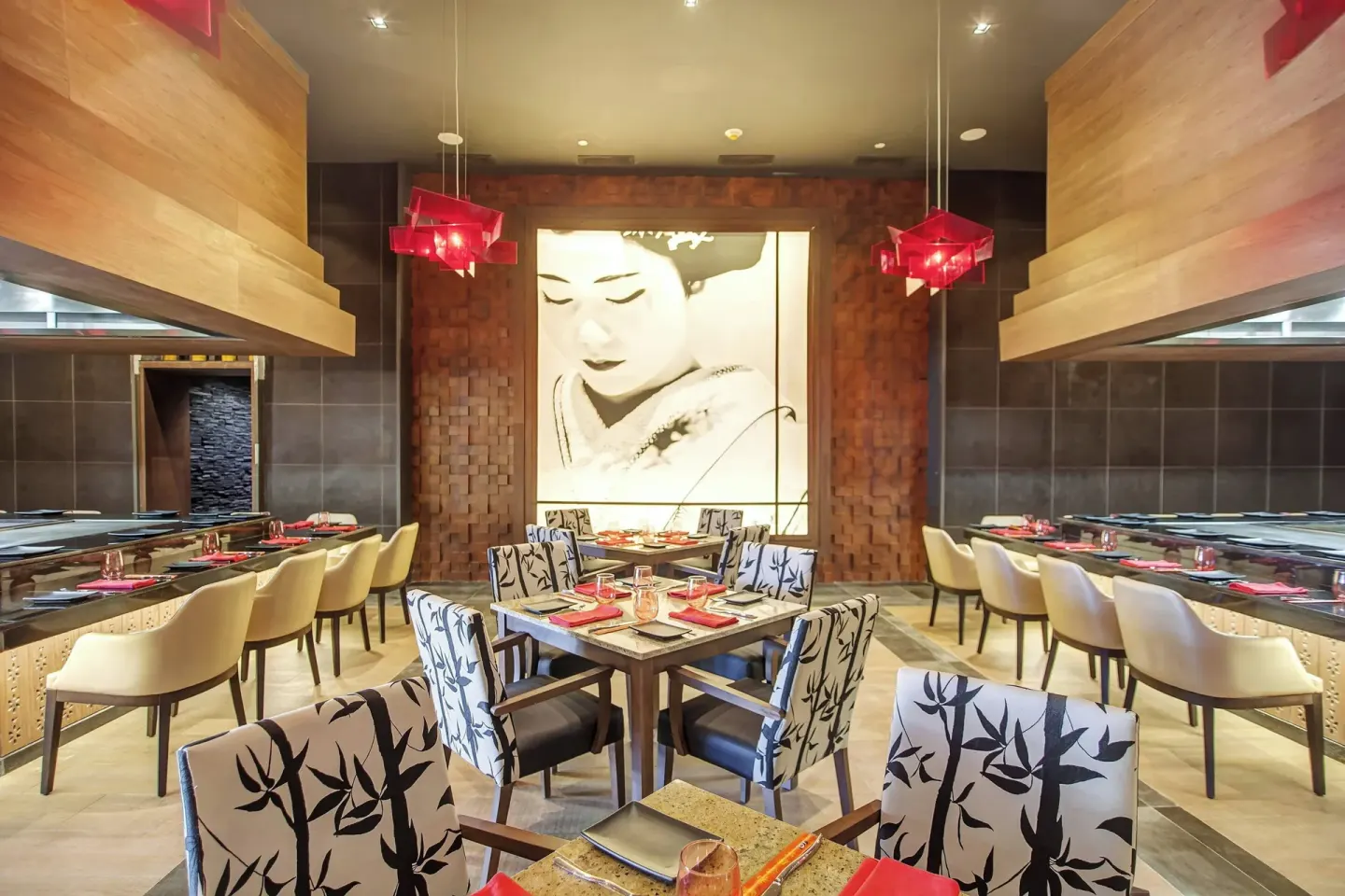 Japanese restaurant dining room with grill counters at Grand Lido Negril Au-Naturel.
