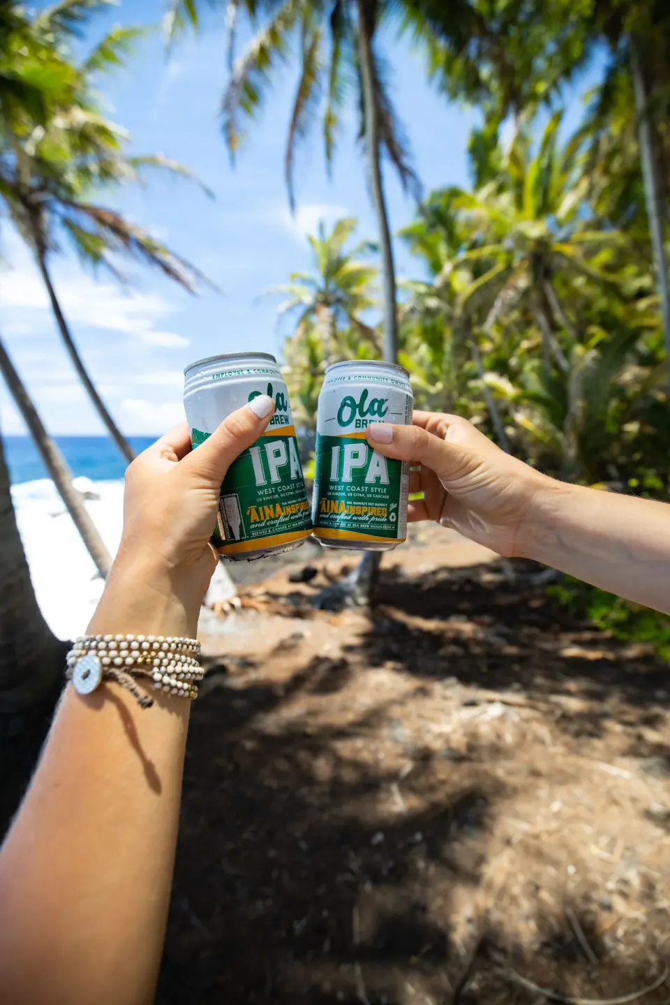 Two canned drinks raised by palm trees and the shoreline at Grand Naniloa Hotel Hilo.