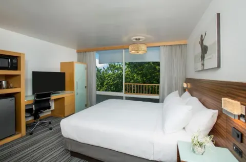 Ocean View Room with king bed, desk, TV, and large window at Grand Naniloa Hotel Hilo.