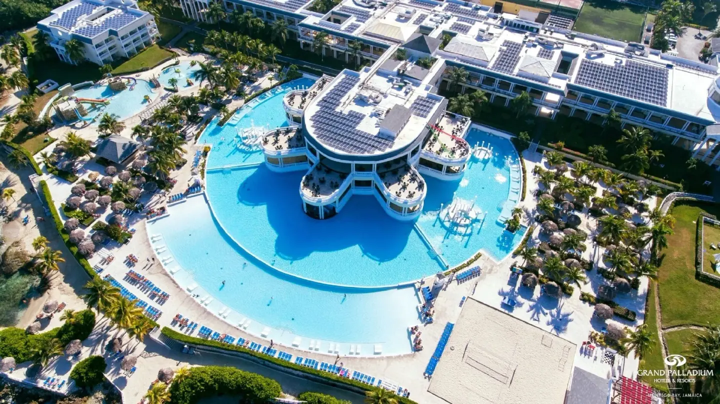 Aerial view of the main pool complex at Grand Palladium Jamaica Resort & Spa.