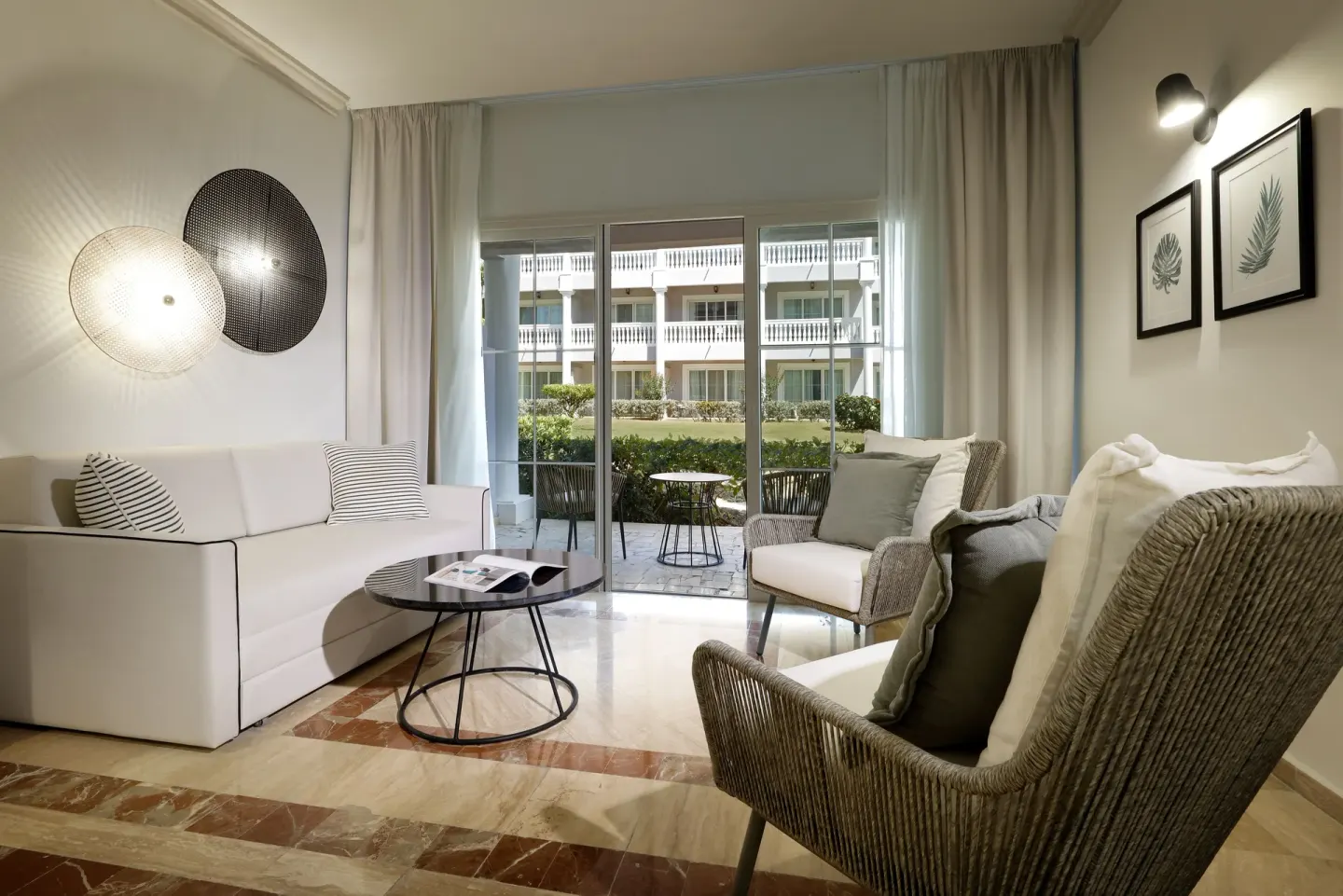 Junior Suite sitting area and terrace at Grand Palladium Jamaica Resort & Spa.