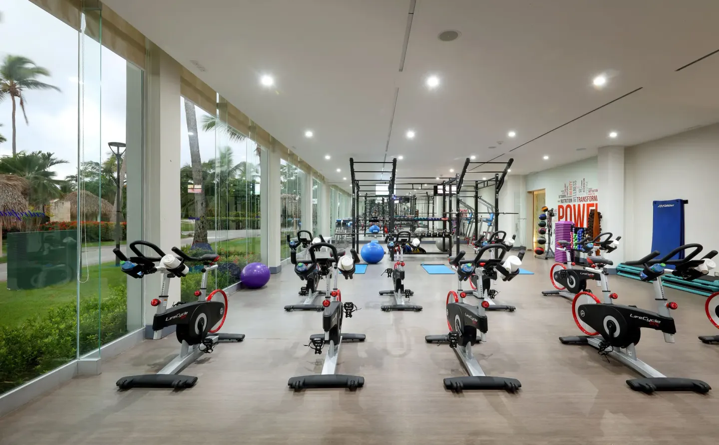 Fitness room with spin bikes and exercise equipment at Grand Palladium Punta Cana Resort & Spa.