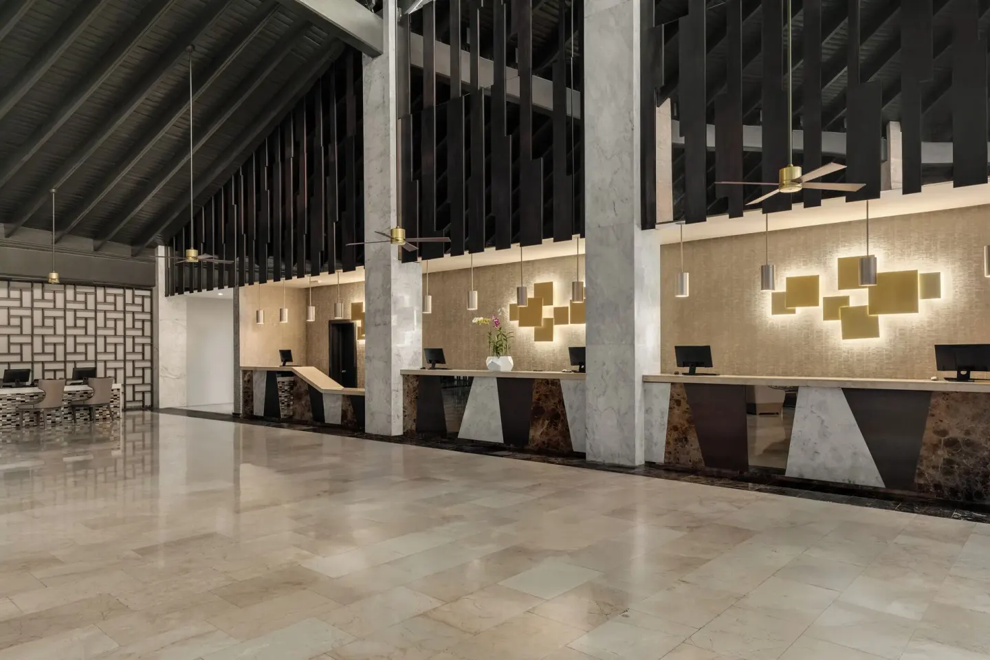 Front desk lobby with marble floors at Grand Palladium Punta Cana Resort & Spa.
