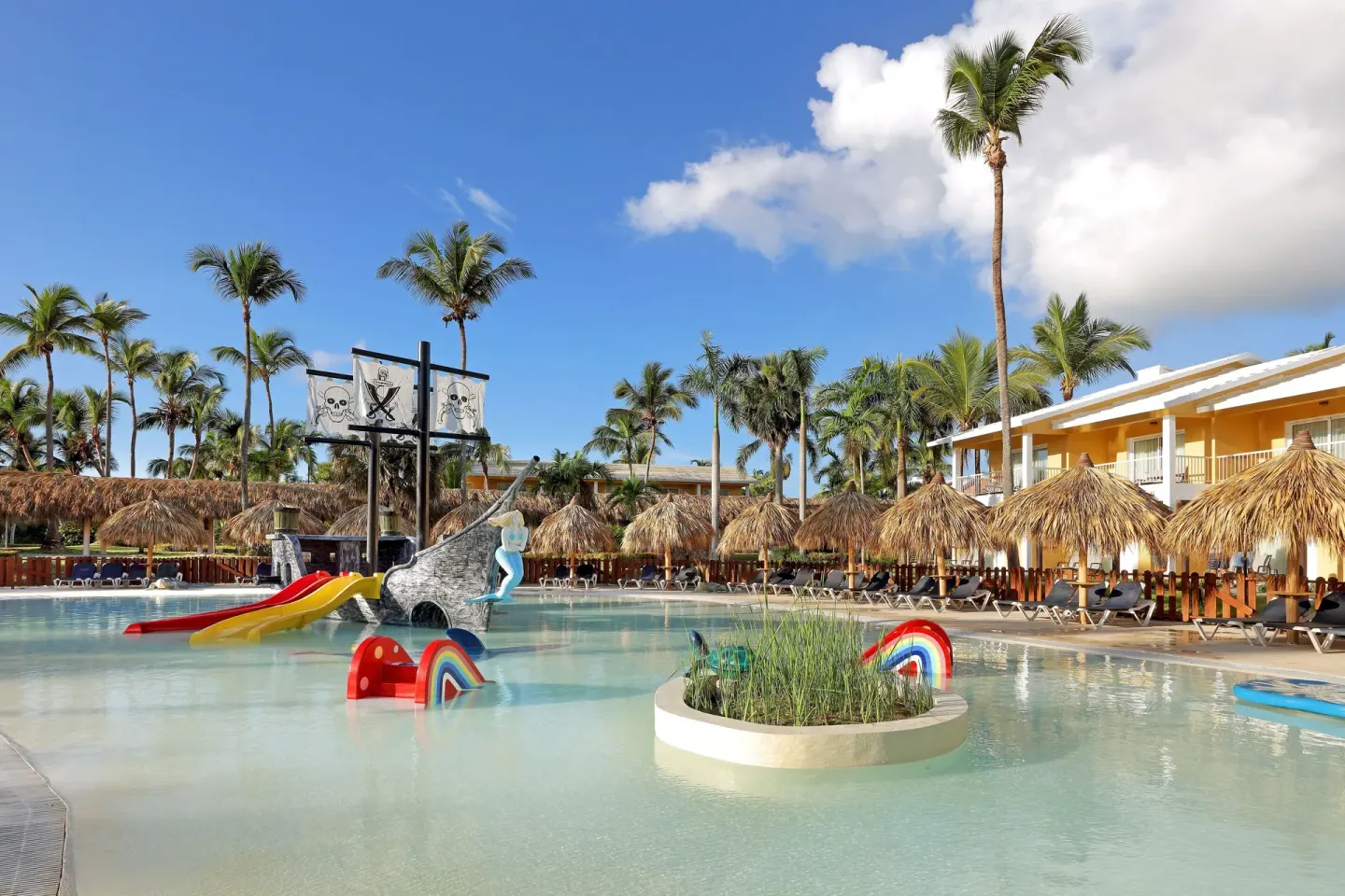 Pirate-themed kids’ pool and slides at Grand Palladium Punta Cana Resort & Spa.