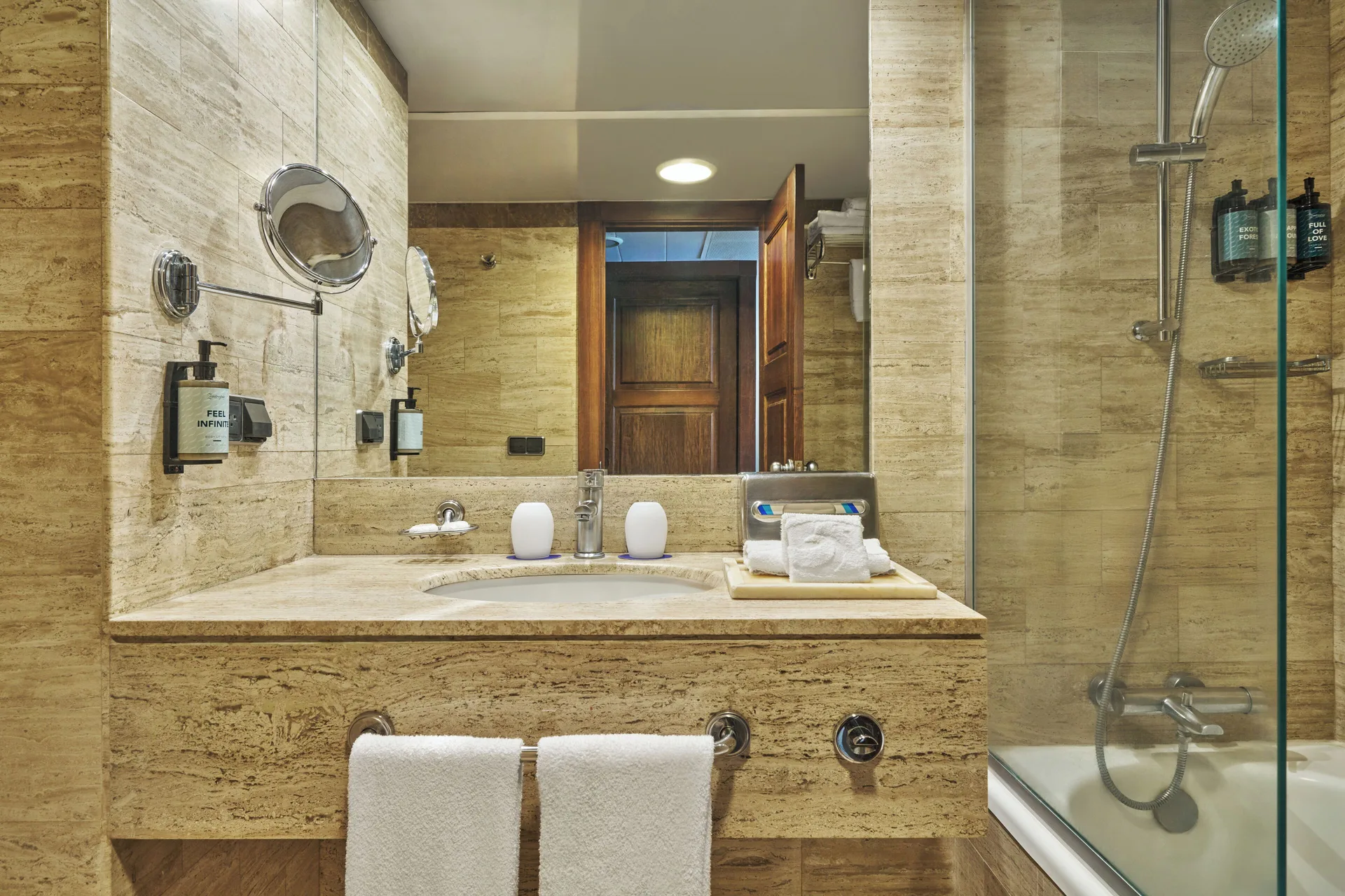 Suite Panoramic Ocean View bathroom vanity and shower at Grand Palladium Vallarta Resort & Spa.