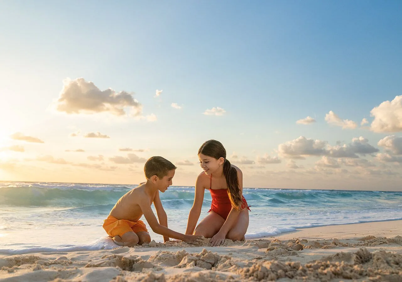 Two children build in the sand by the surf at Grand Park Royal Cancun.