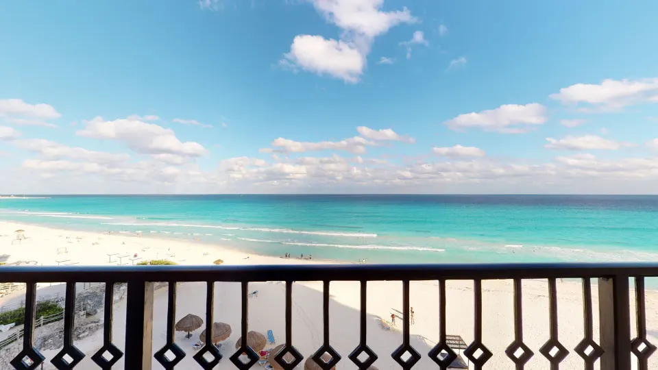 Oceanfront balcony view from a Premier Ocean Front Doble at Grand Park Royal Cancun.