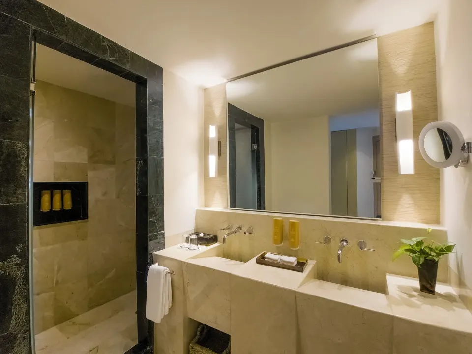 Premier Superior Ocean Front bathroom vanity and shower at Grand Park Royal Cancun.