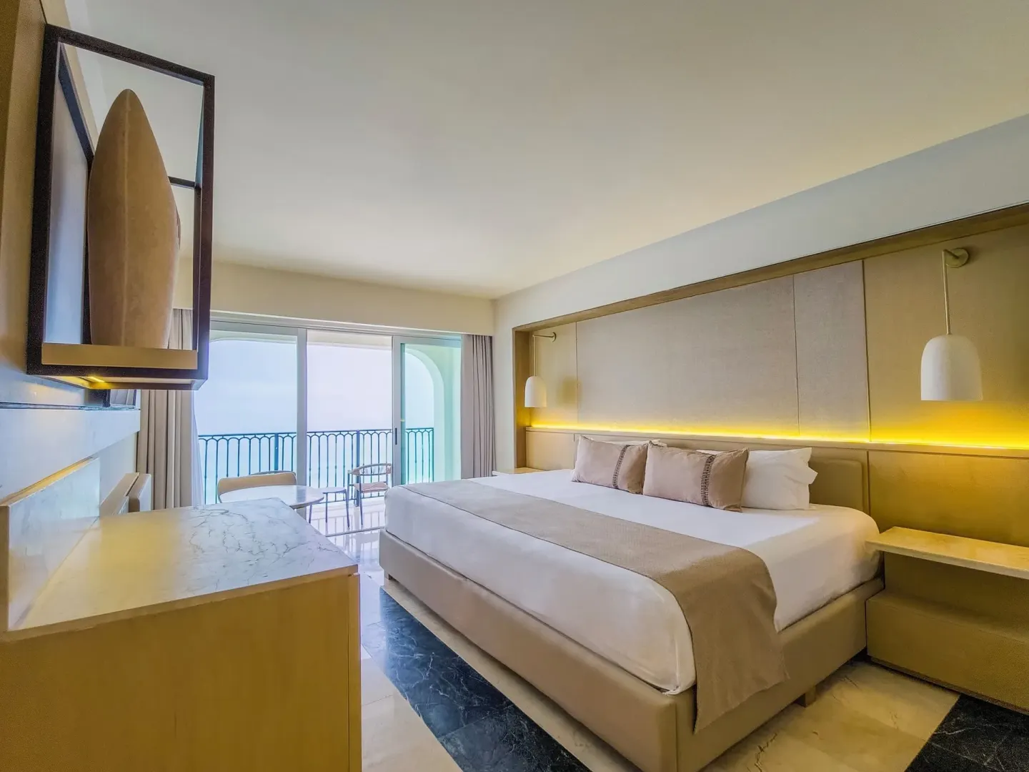 Premier Superior Ocean Front king room with balcony doors at Grand Park Royal Cancun.