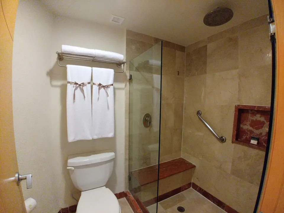 Bathroom with walk-in shower and toilet in a Deluxe Nature View Double room at Grand Park Royal Cozumel.