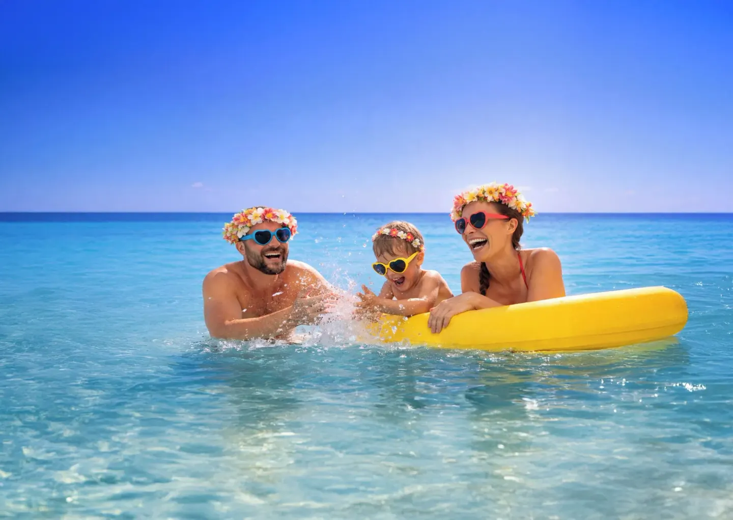 Family splashing in clear ocean water at Grand Park Royal Puerto Vallarta.