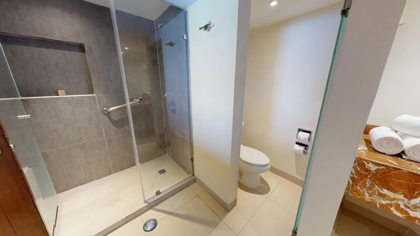 Junior Suite bathroom shower and toilet at Grand Park Royal Puerto Vallarta.