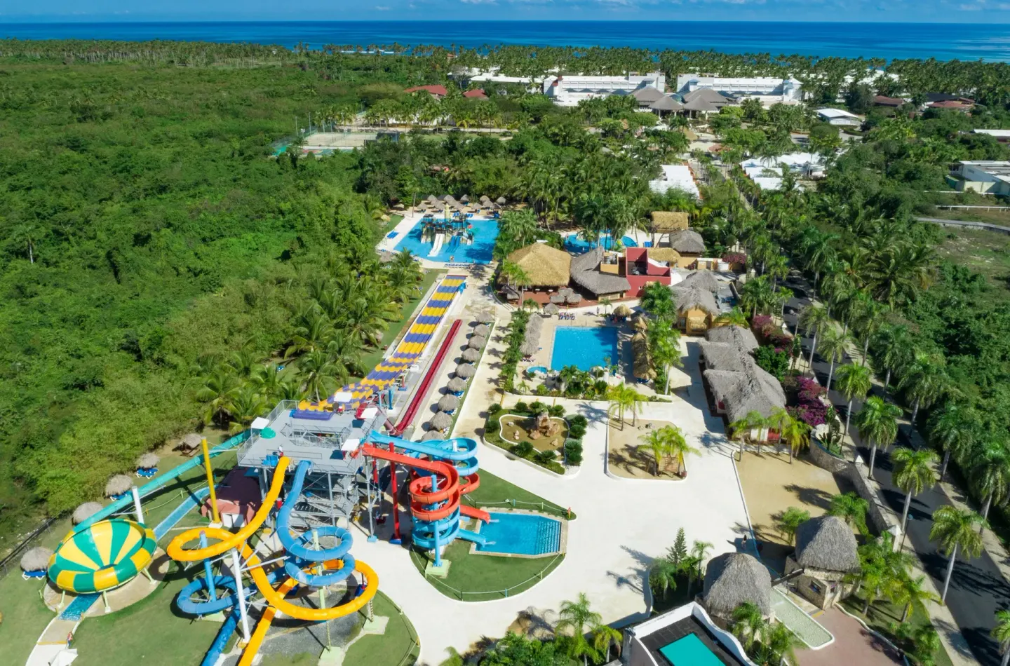 Aerial view of Aquagames water park and pools at Grand Sirenis Punta Cana Resort & Aquagames.