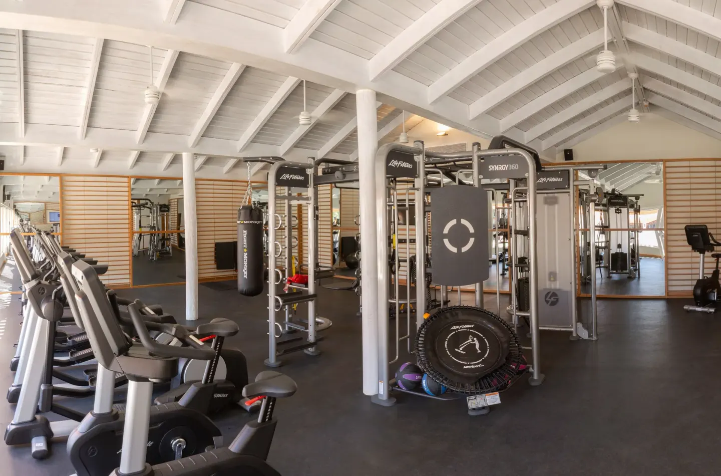 Fitness room with bikes and cable machines at Grand Sirenis Punta Cana Resort & Aquagames.