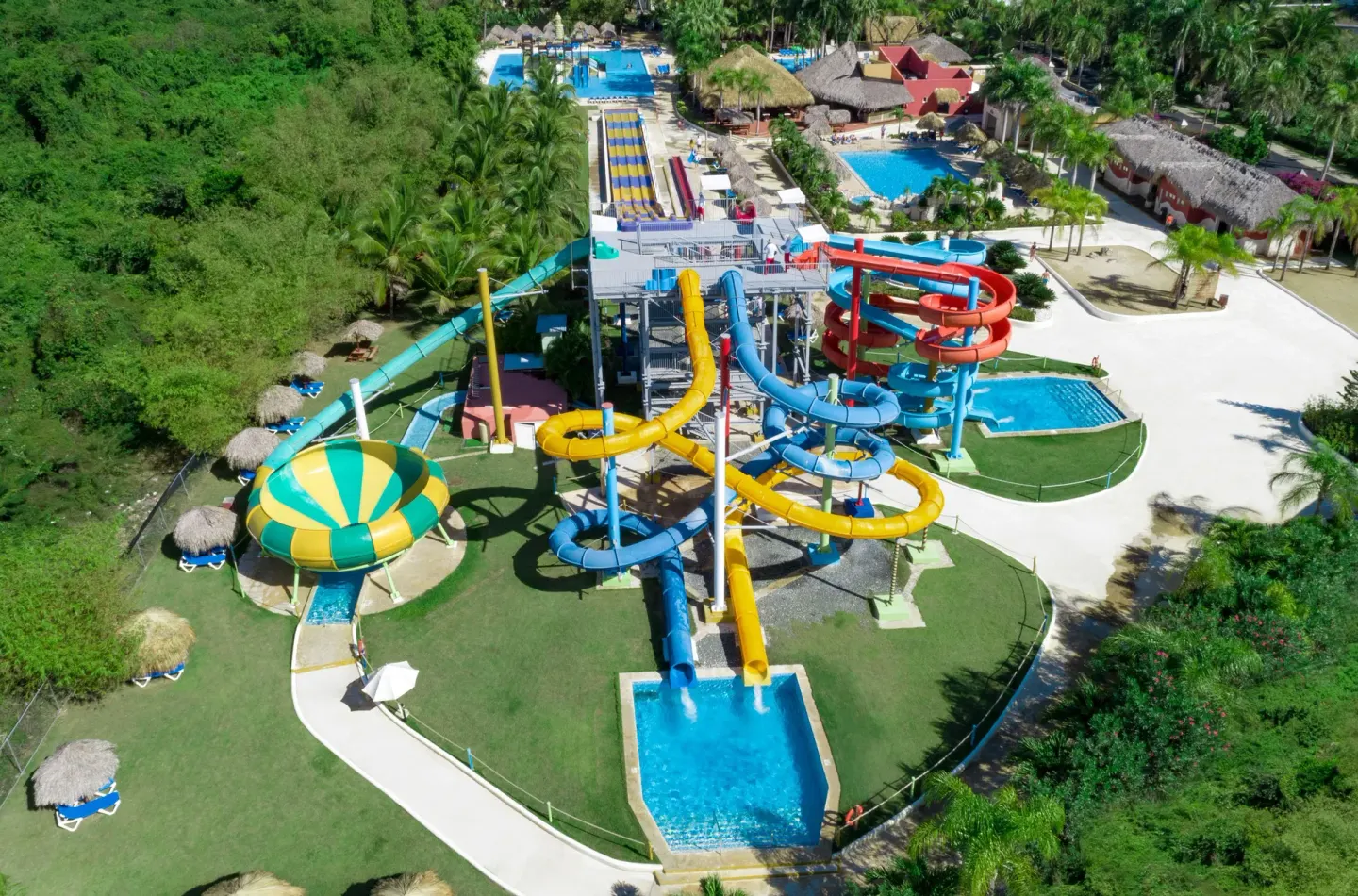 Overhead view of colorful water slides at Grand Sirenis Punta Cana Resort & Aquagames.