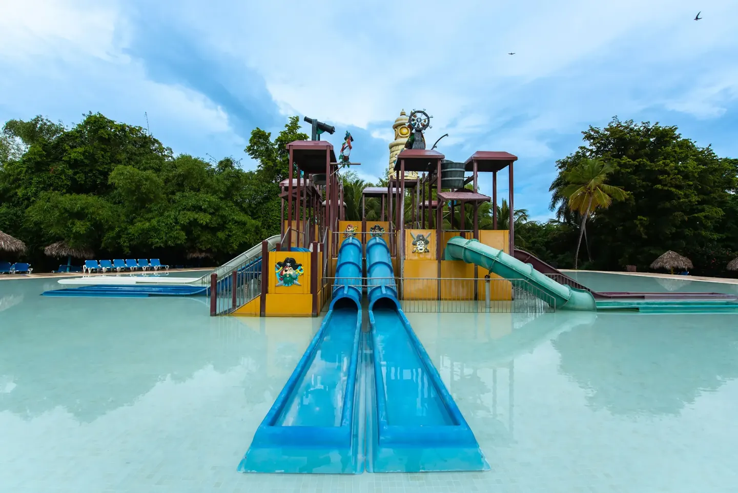 Pirate-themed water slides and shallow pool at Grand Sirenis Punta Cana Resort & Aquagames.