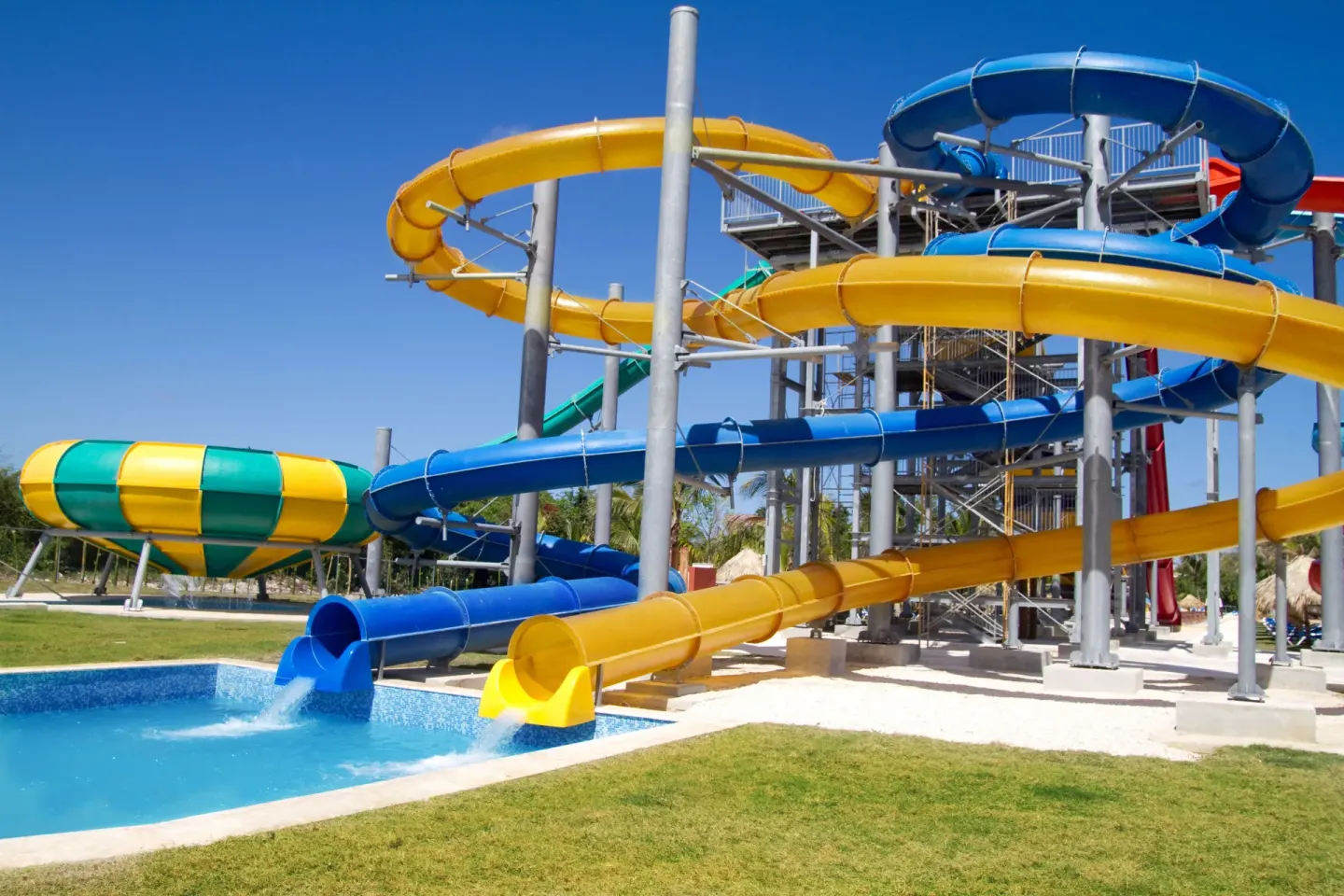 Colorful twisting water slides at Grand Sirenis Punta Cana Resort & Aquagames.