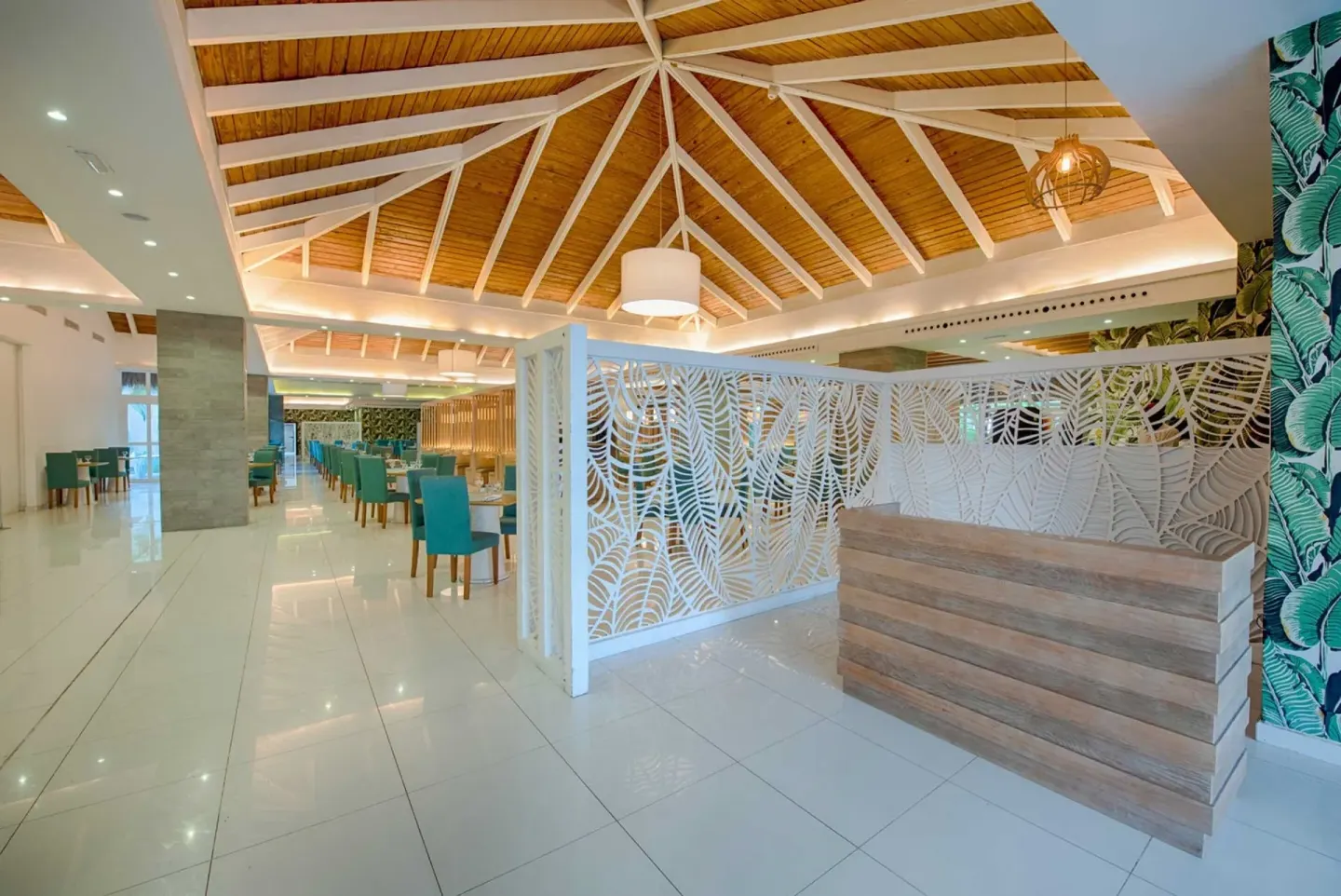 Restaurant entrance and seating area at Grand Sirenis Punta Cana Resort & Aquagames.