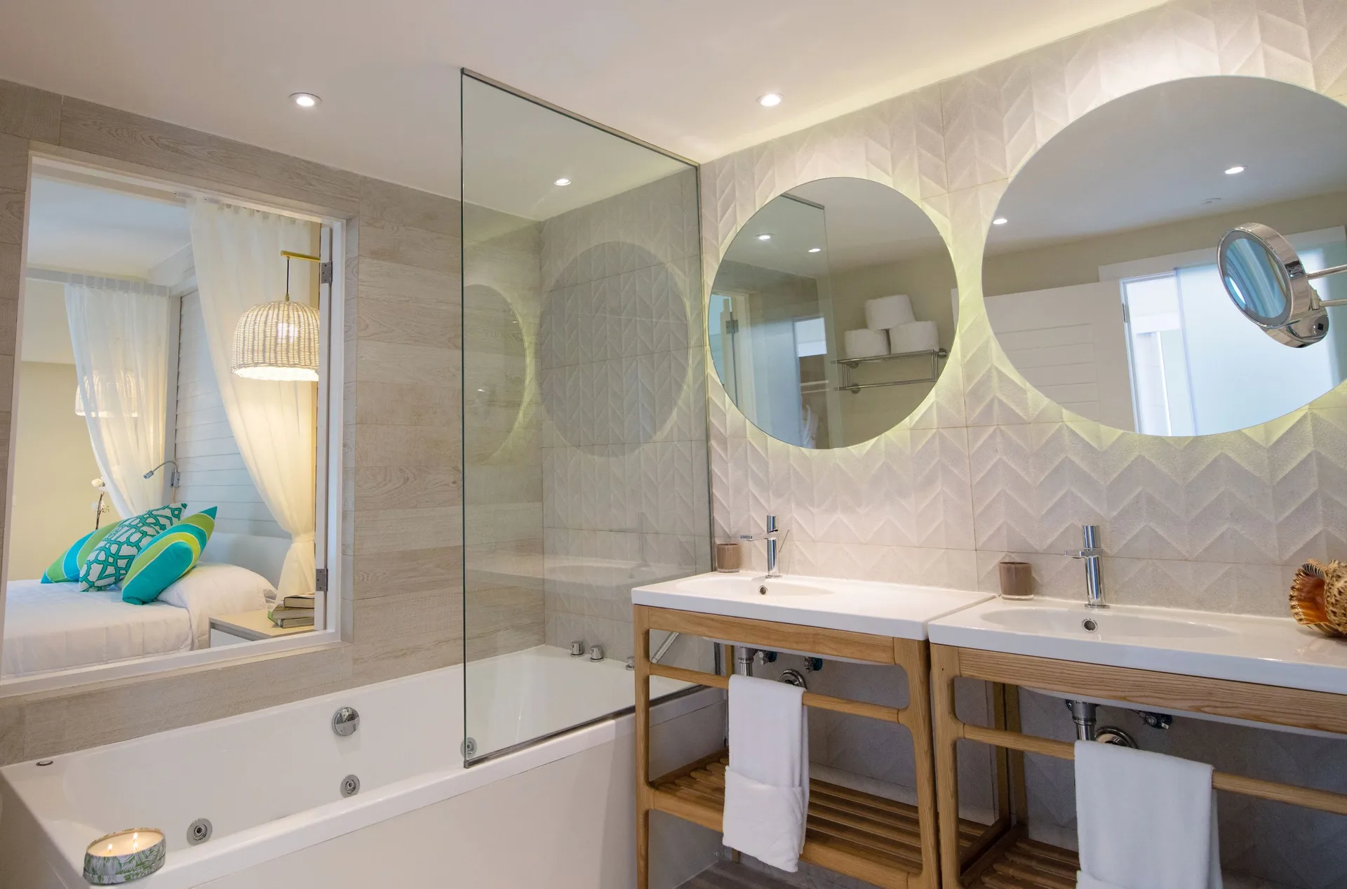 Romantic Room bathtub beside double sinks at Grand Sirenis Punta Cana Resort & Aquagames.