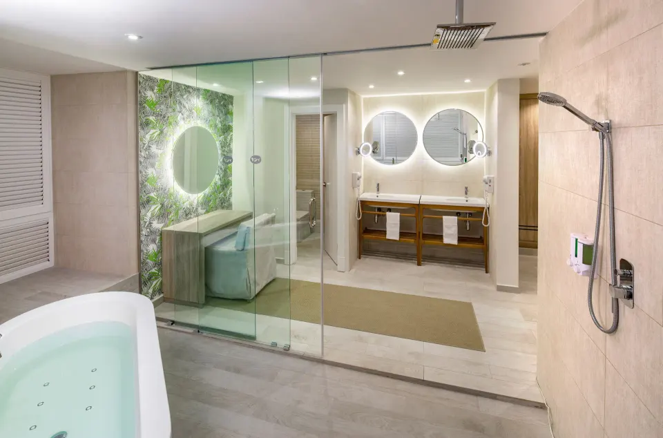 Renovated suite bathroom with double vanity at Grand Sirenis Punta Cana Resort & Aquagames.